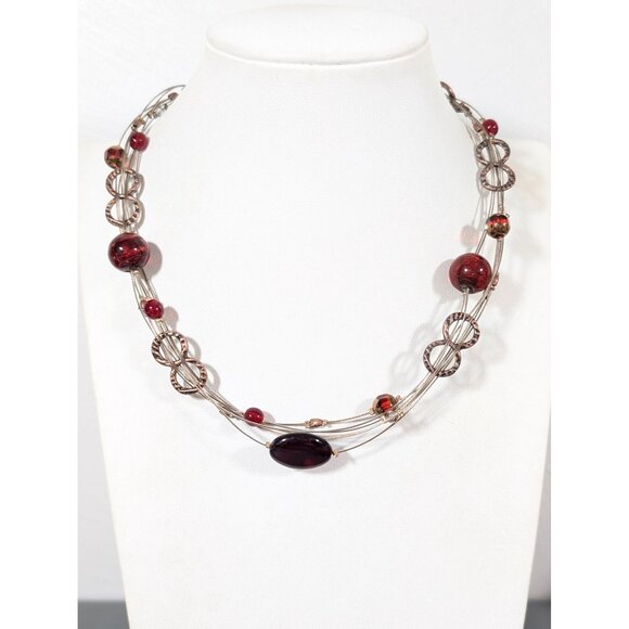 Chicos Copper Tone Red Glass Multi Wire Necklace Boho Coastal Chic 20" - Picture 1 of 9